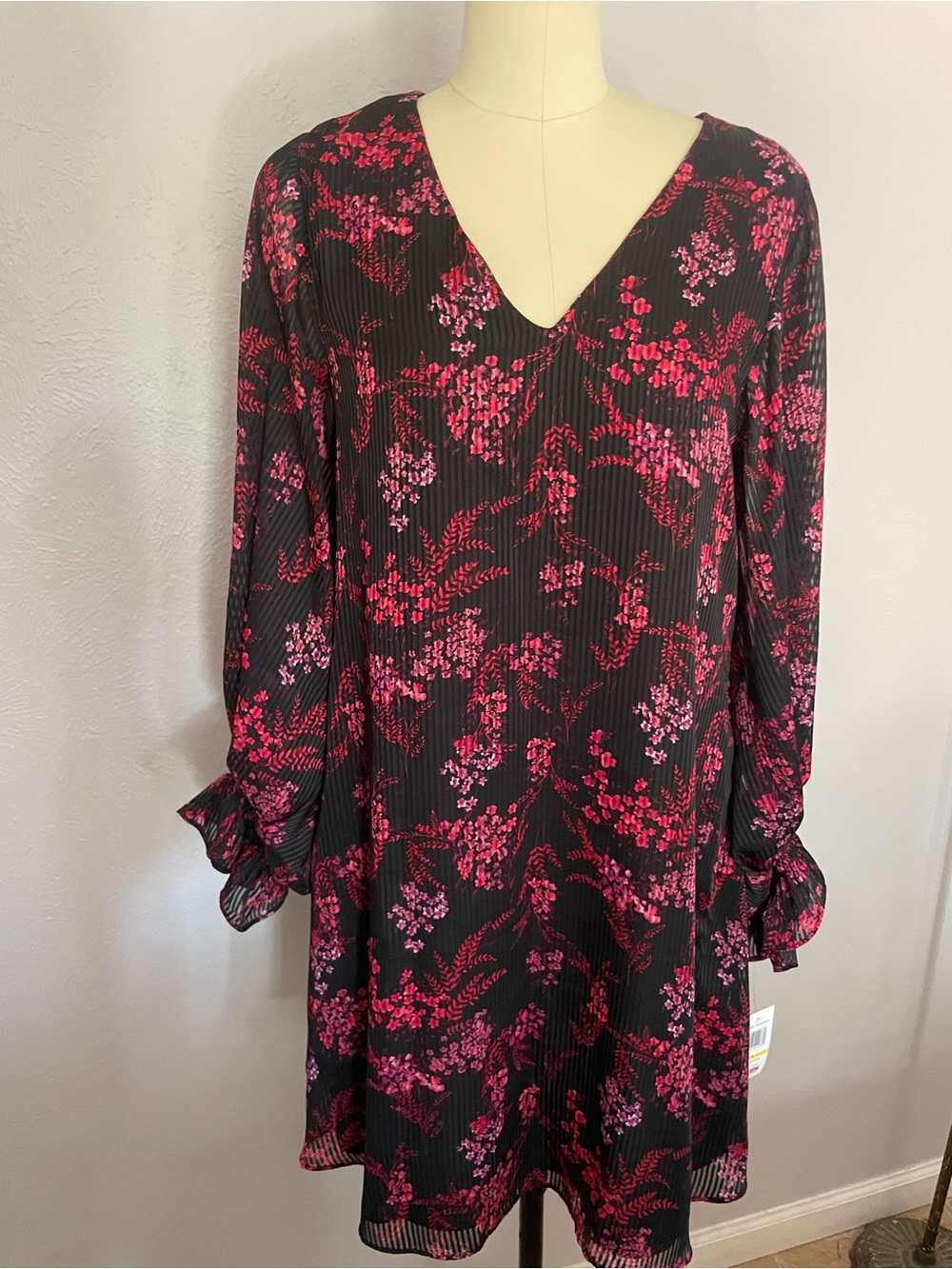MSK Black Dress with Pink Floral Print - V-Neck Long Sleeve